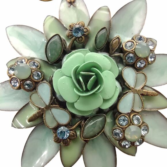 Floral & Dragonfly Brooch Enamel Encrusted Rhinestones Green Blue Flower Bee Pin - Picture 6 of 11